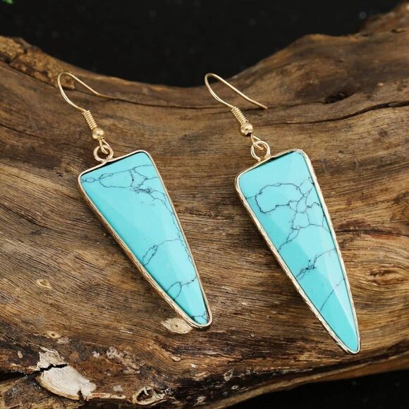 18K Yellow Gold with Natural Blue Turquoise Stone French Wire Drop Hook Earrings - Picture 2 of 6